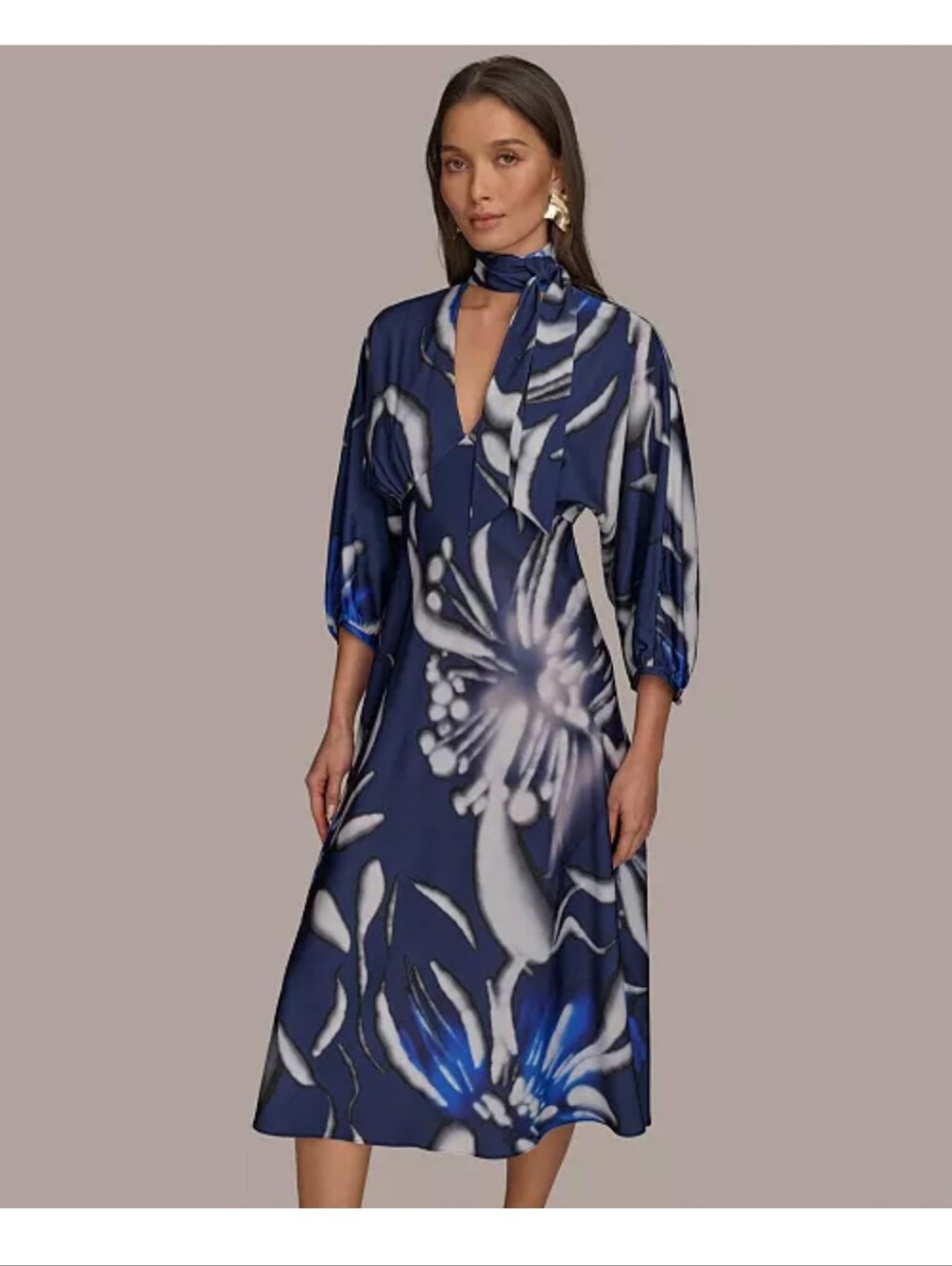 NWT Donna Karan New York 22W Blue Abstract Tie Neck Maxi Dress Plus $169